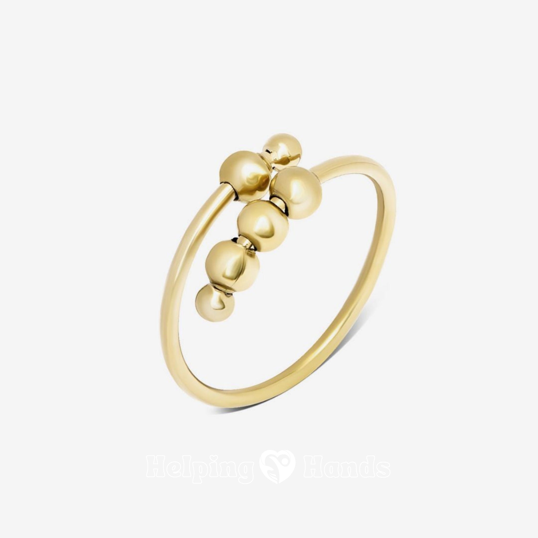 Open band ring with polished metal spheres

