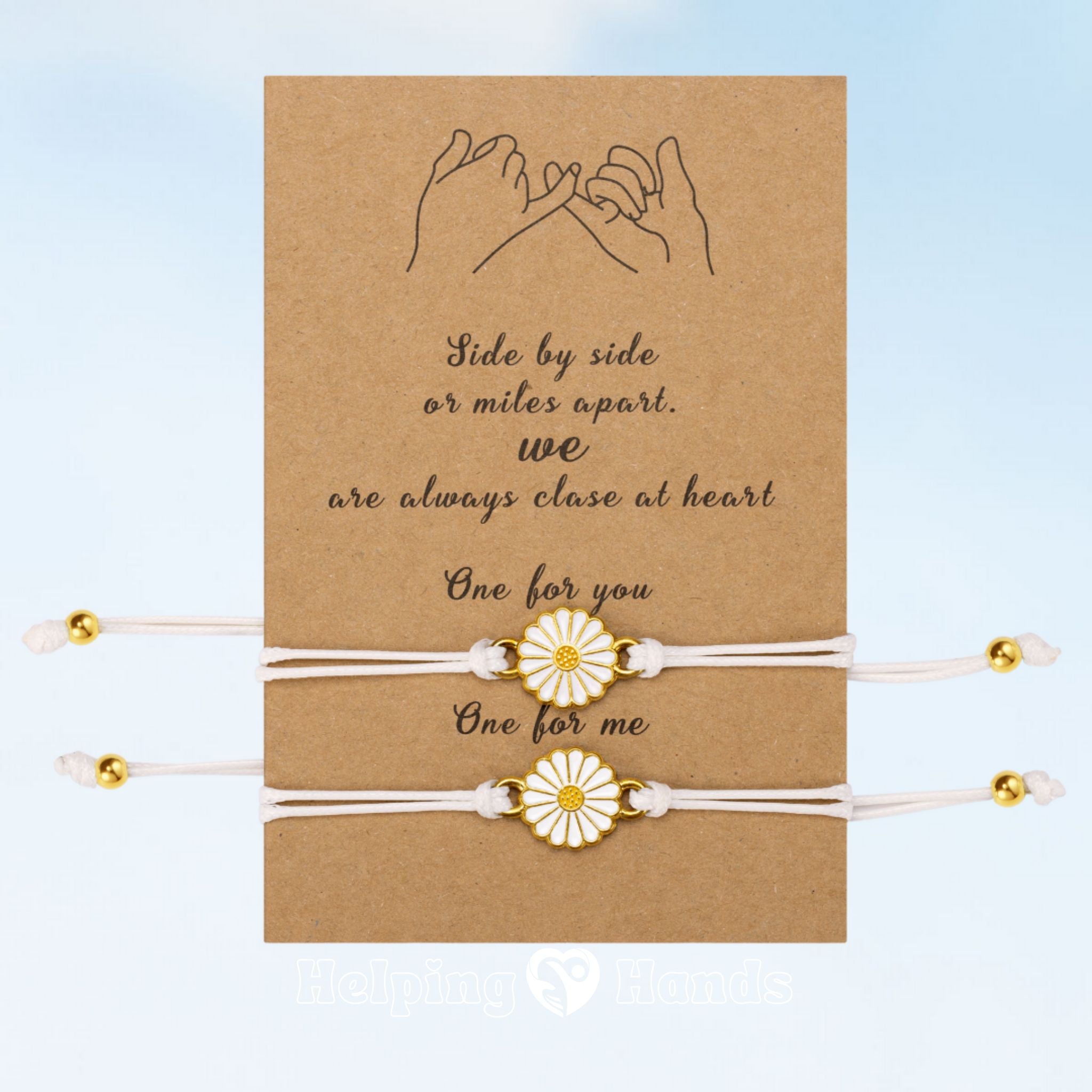 Two bracelets with floral designs on a brown card with text, against a light blue background.
