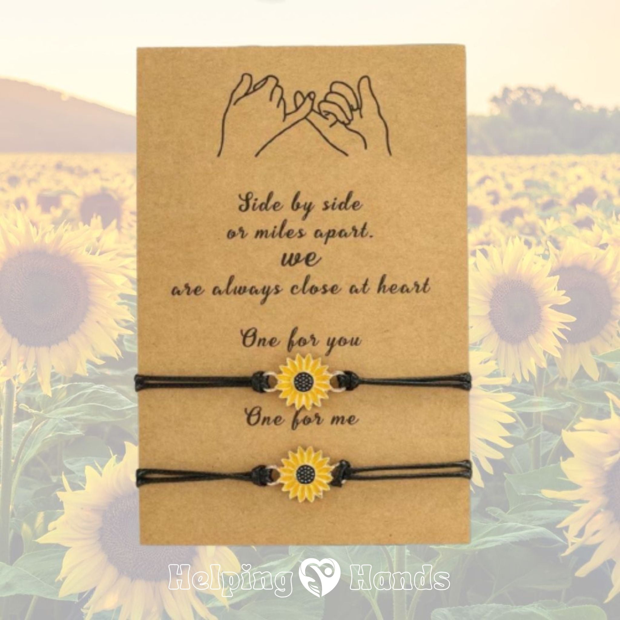 Sunflower-themed bracelets on a card with text and 'Helping Hands' branding, surrounded by sunflower images.