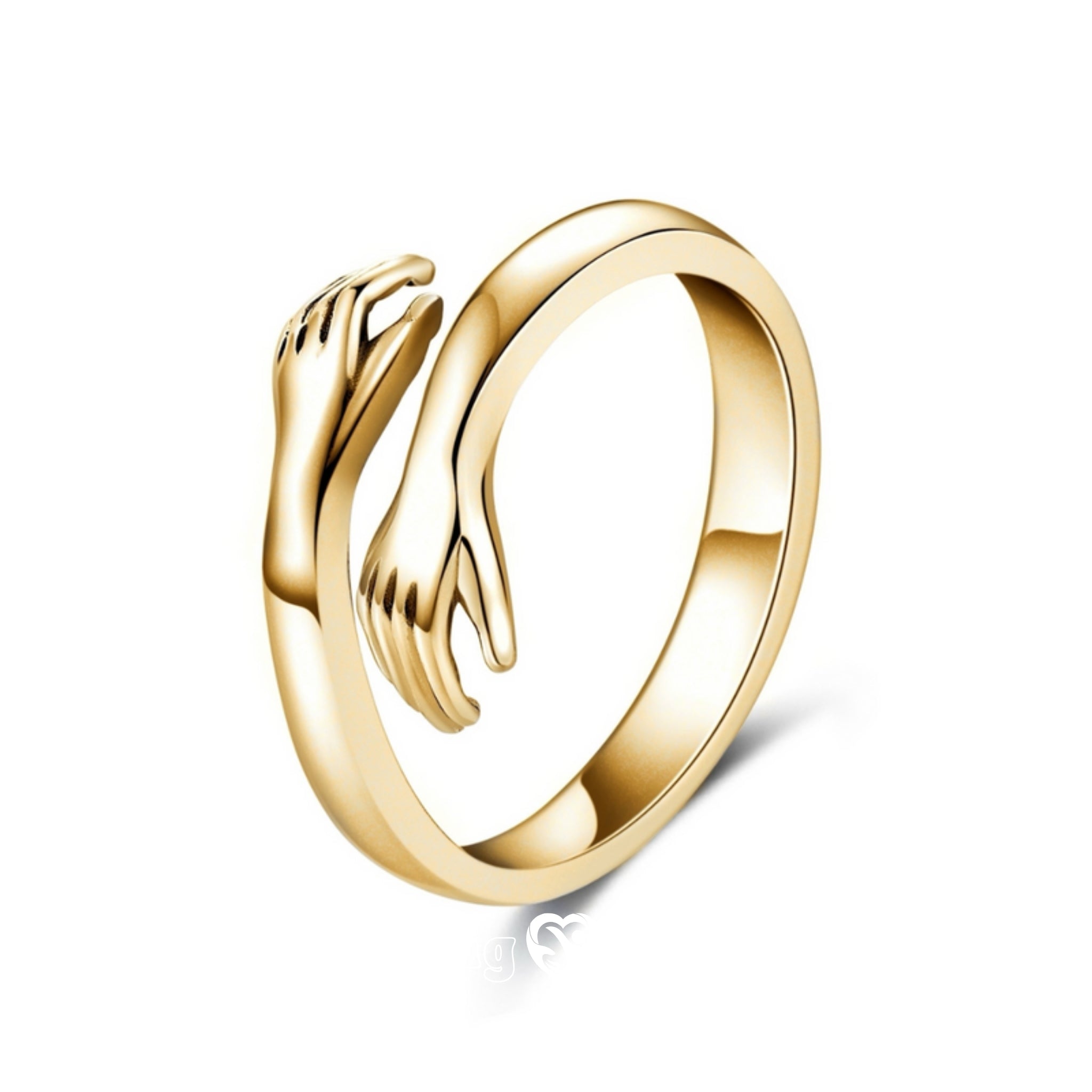 Minimalist Gold hugging hands ring symbolizing love, comfort, and connection – adjustable for a perfect fit.

