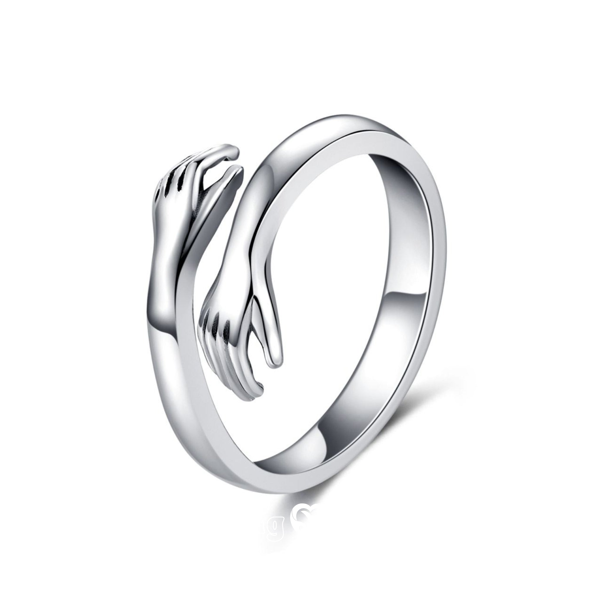 Minimalist silver hugging hands ring symbolizing love, comfort, and connection – adjustable for a perfect fit.

