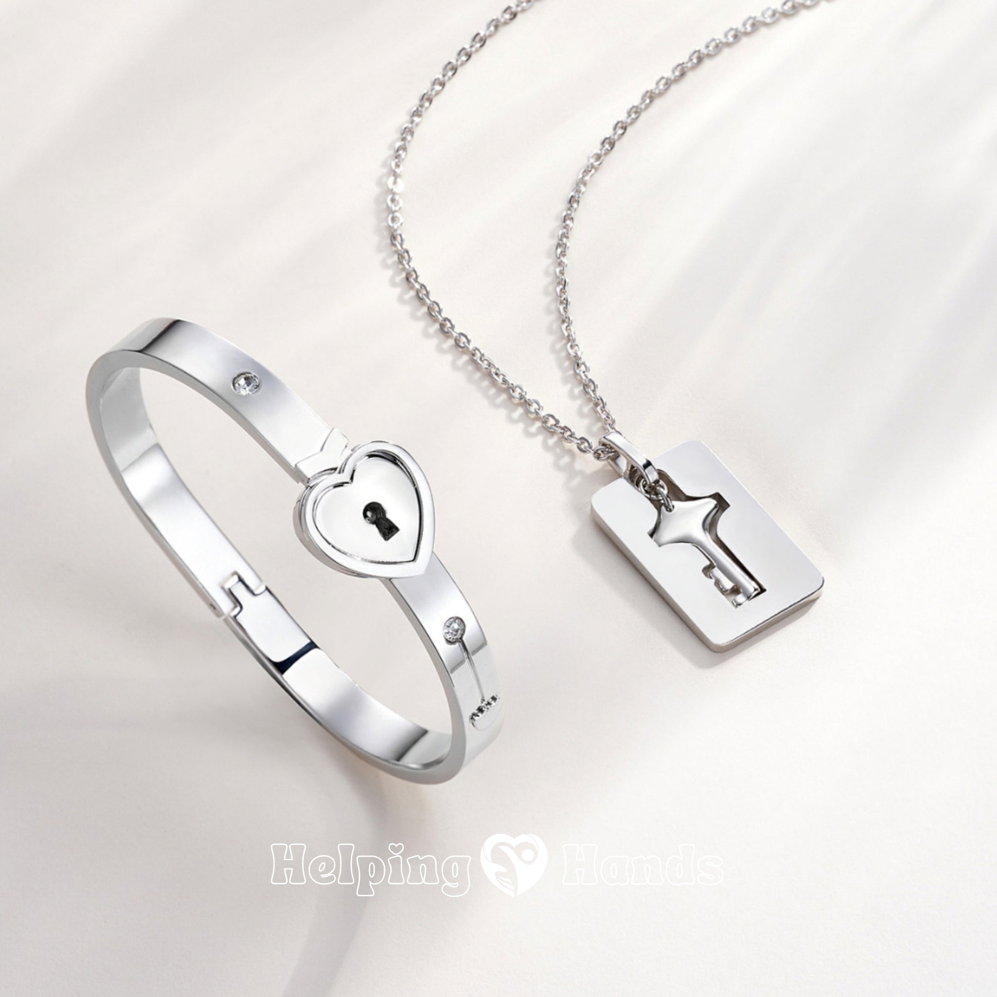 Silver heart lock bracelet and key necklace set

