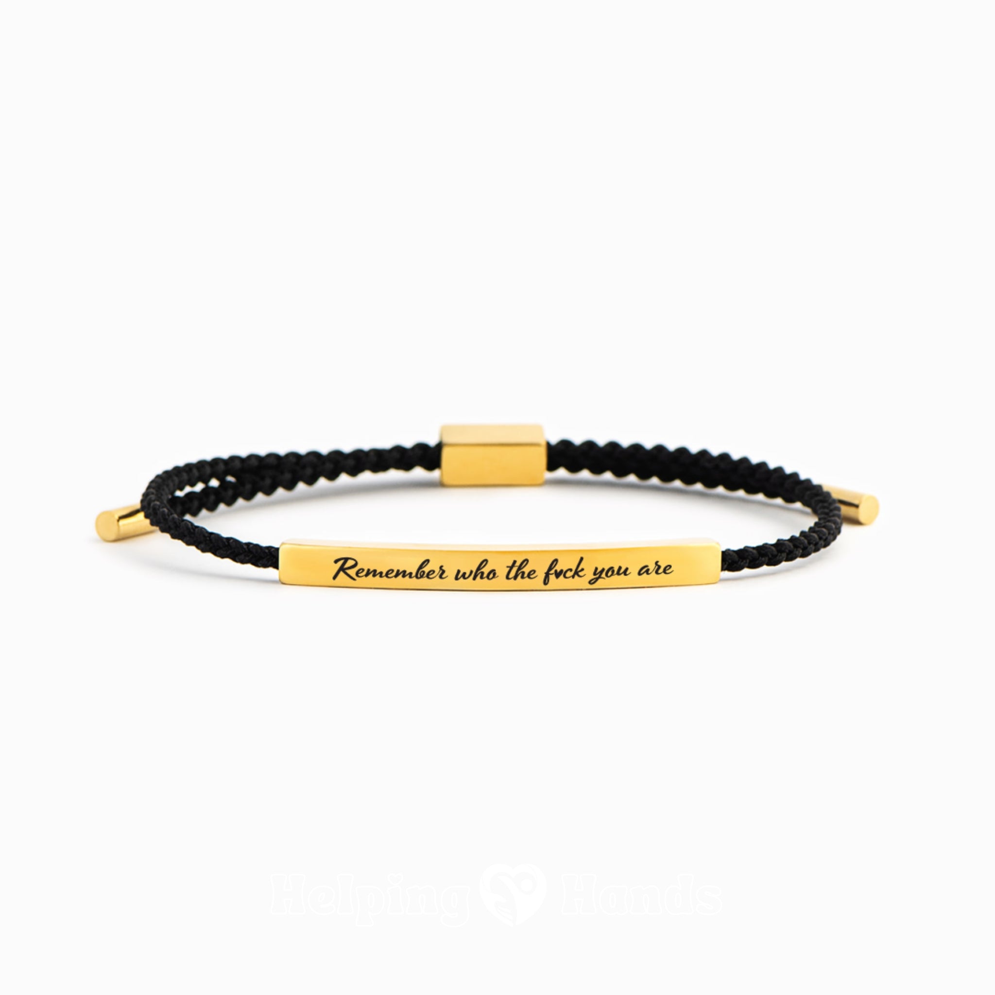 Black cord bracelet with gold plate engraved with bold motivational quote

