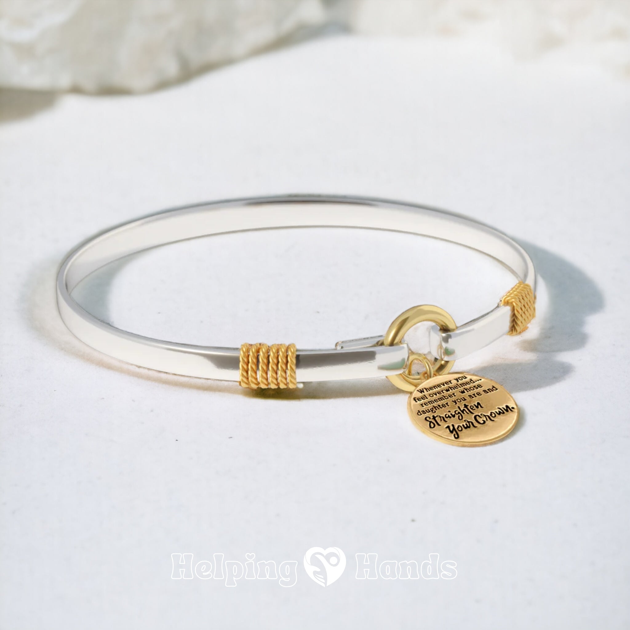 Stylish inspirational bangle bracelet with gold charm, reminding her to stay strong and ‘Straighten Your Crown.

