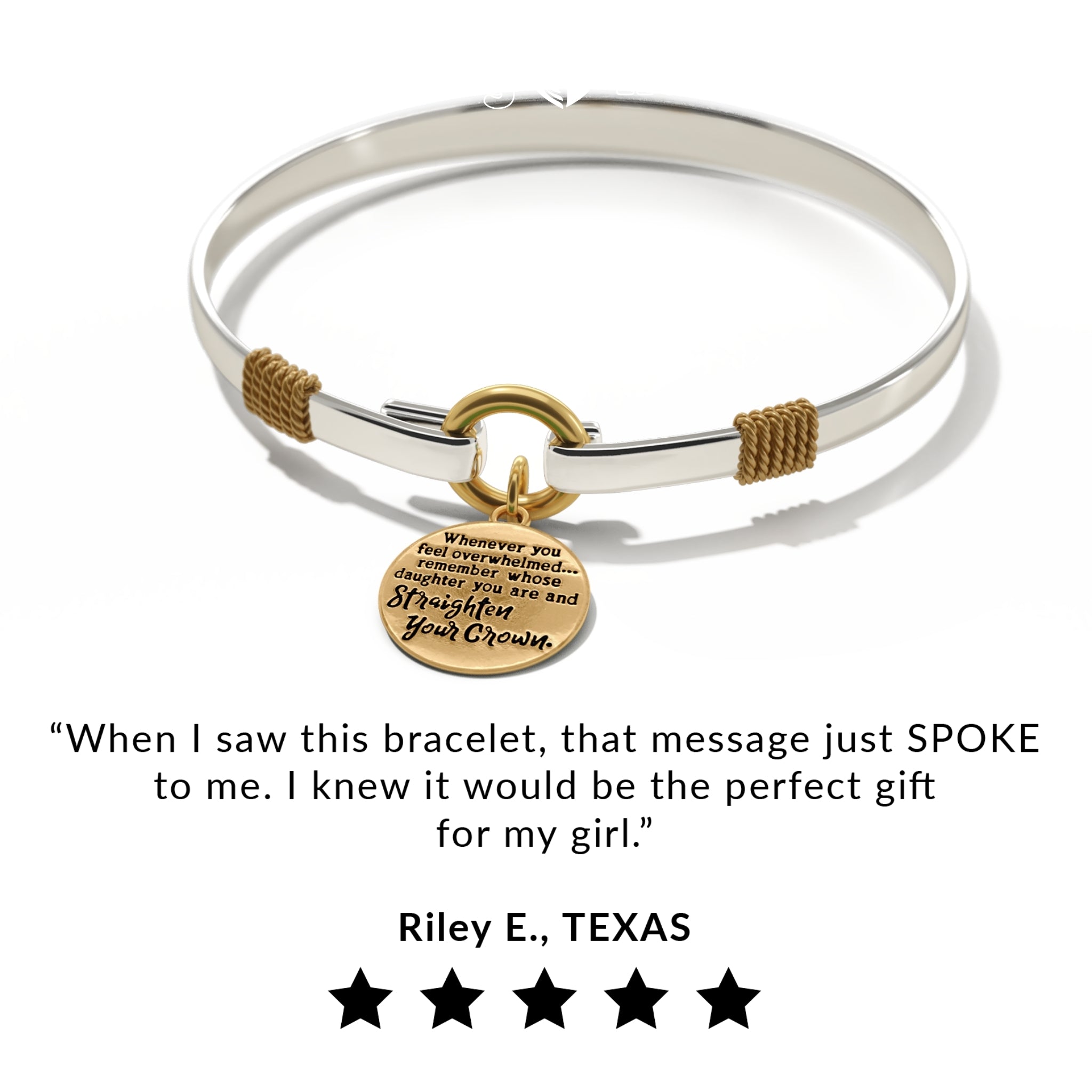 Two-tone bracelet featuring a round engraved pendant with uplifting message for daughters – a symbol of love and empowerment.

