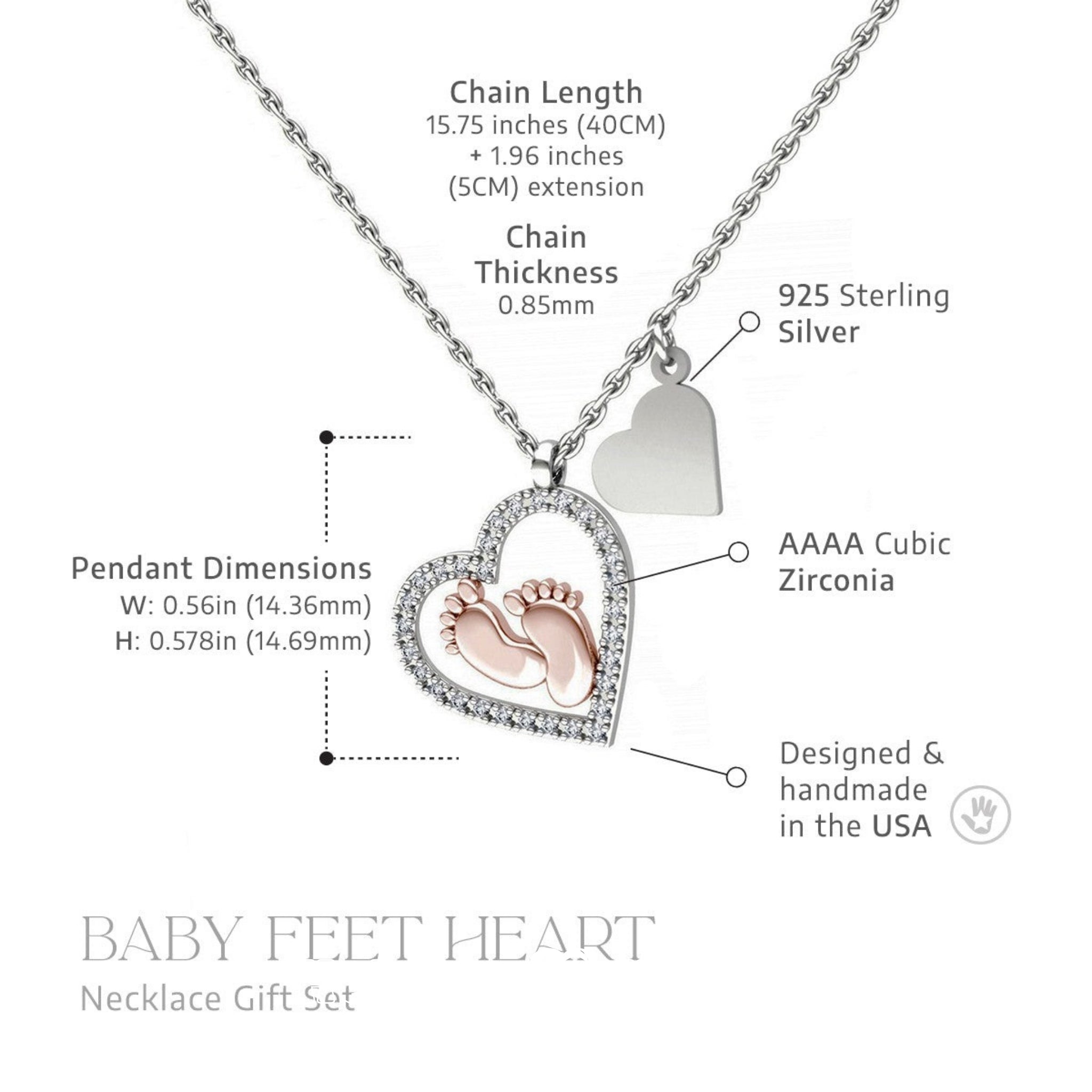 Elegant heart pendant necklace for pregnant mums, featuring rose gold baby feet and a heartfelt message from the baby bump with all details

