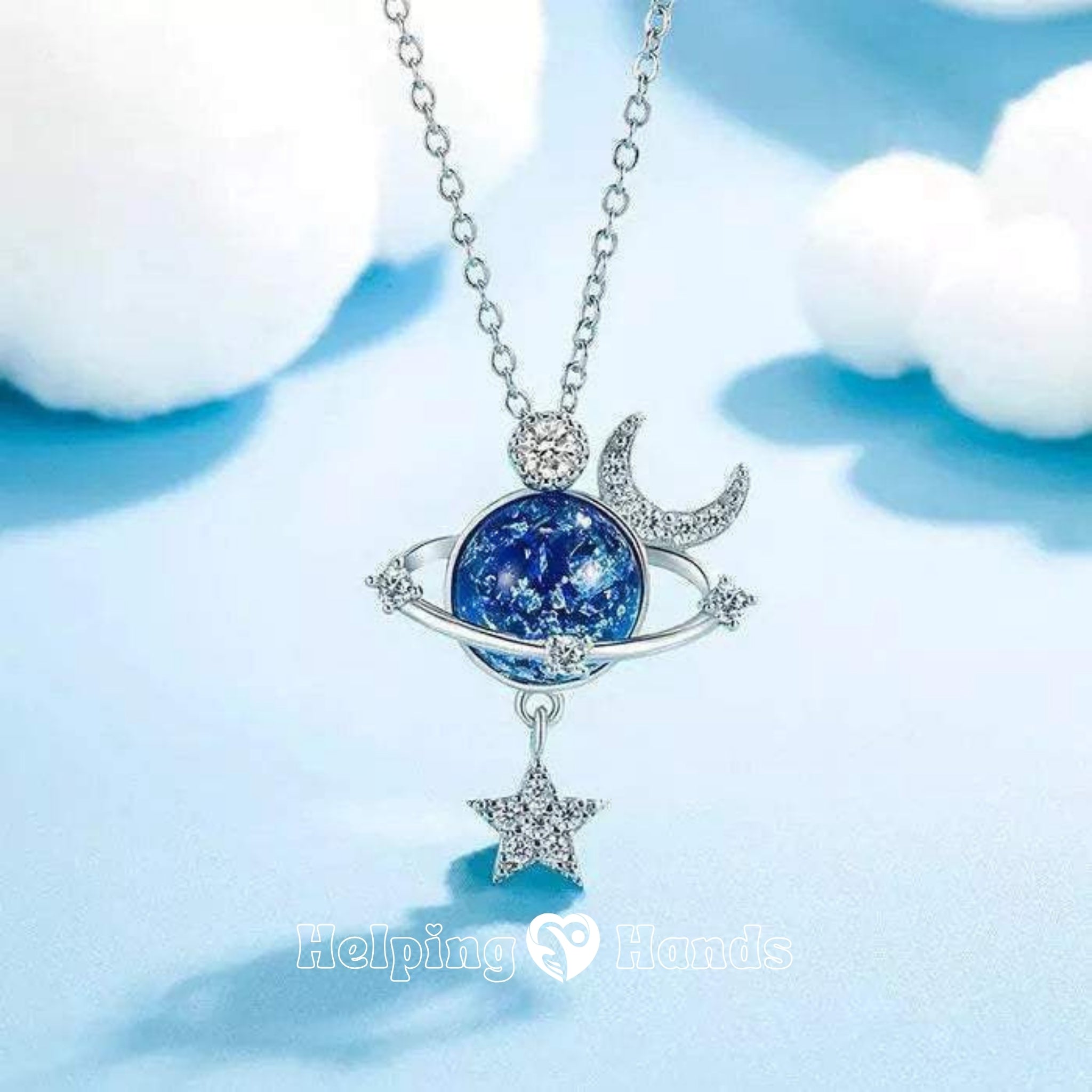 Elegant celestial necklace with blue planet centerpiece, moon, and dangling star for space lovers.

