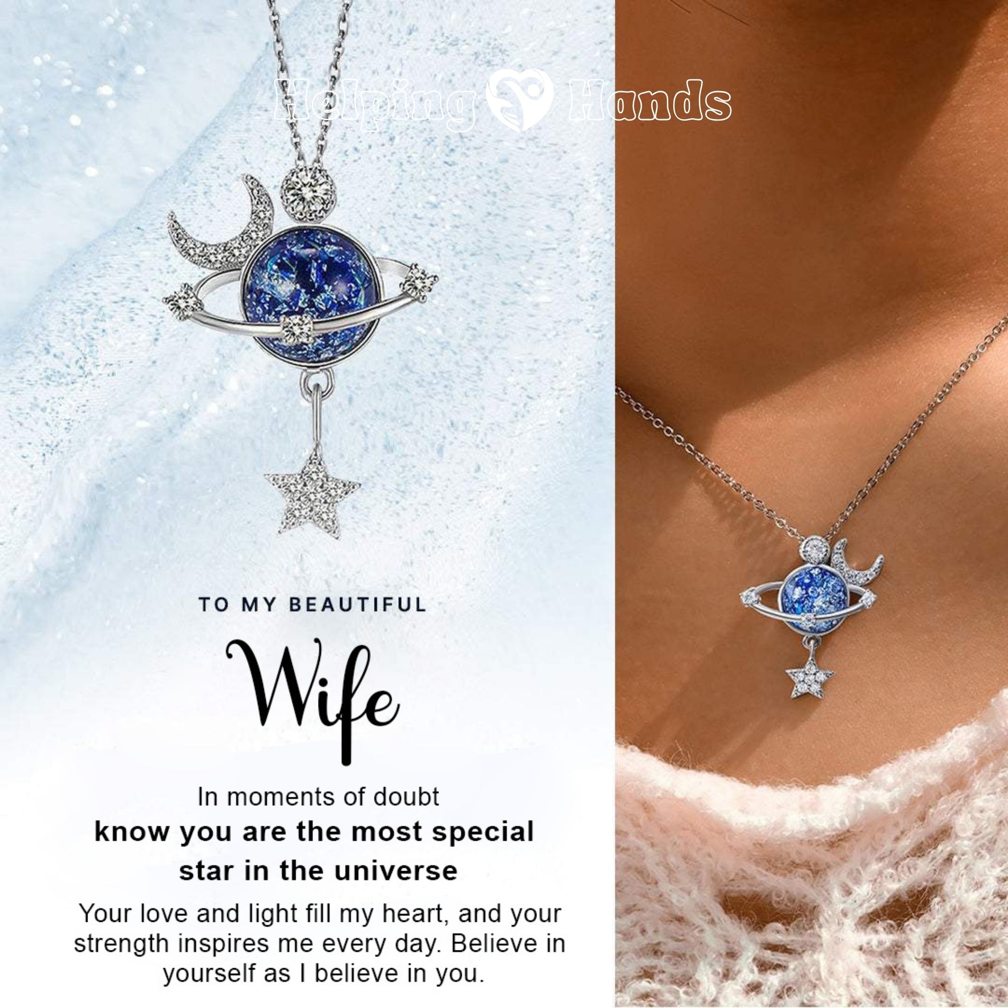Silver planet necklace with sparkling blue globe, crescent moon, and star charm – perfect celestial jewelry gift.

