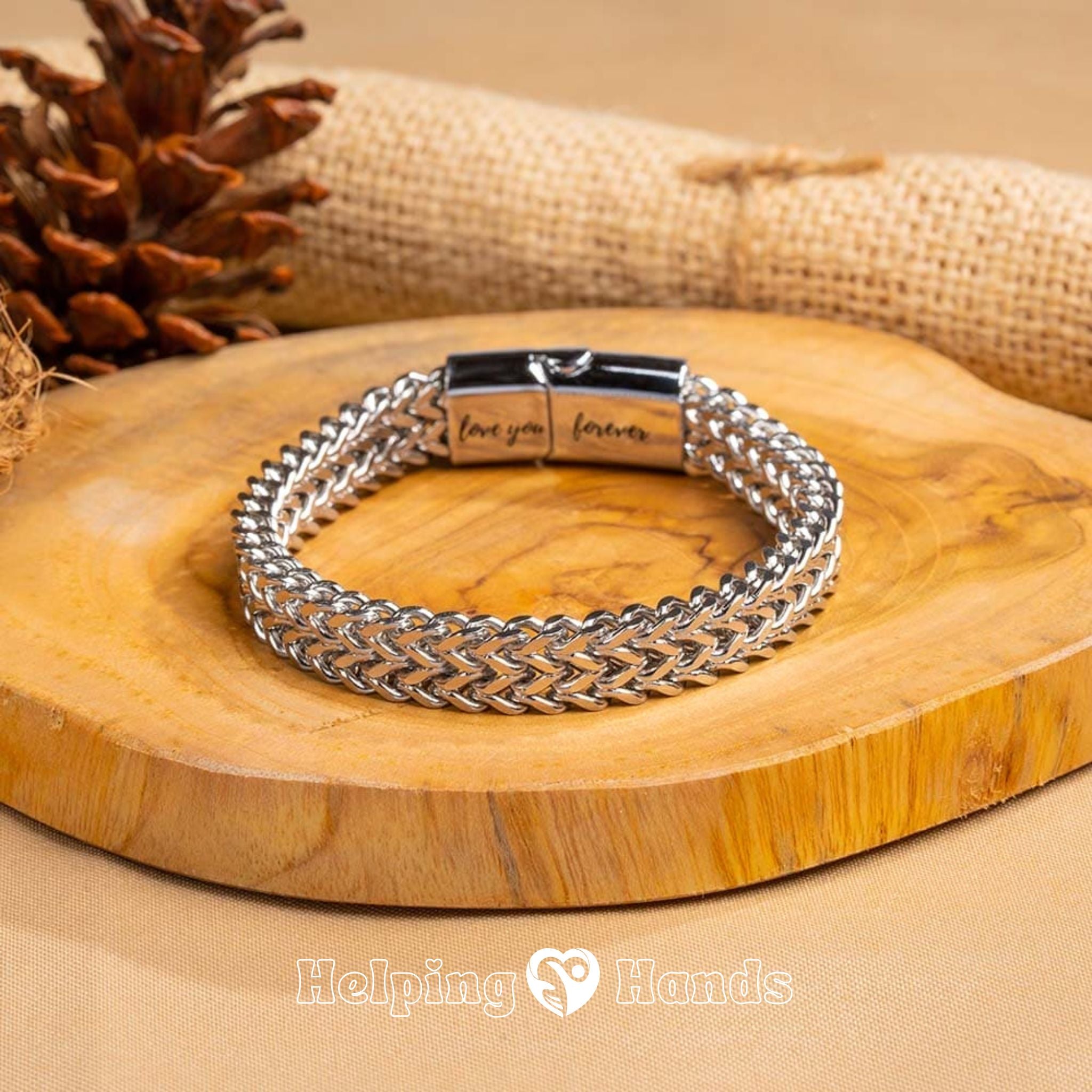 Men’s woven stainless steel bracelet with ‘Love you forever’ engraving, perfect birthday, graduation, or Christmas gift from mom to son.

