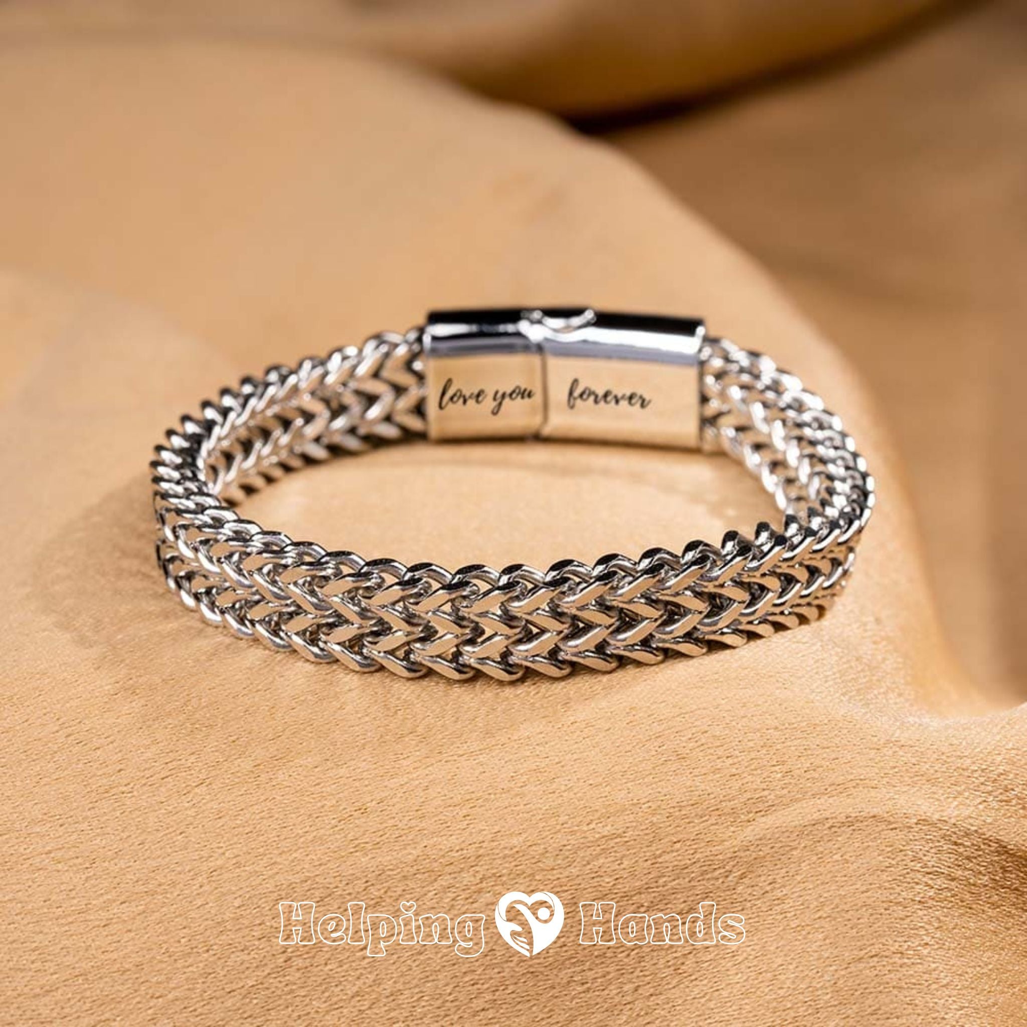 Silver stainless steel woven bracelet for son with magnetic clasp engraved ‘Love you forever,’ presented on a heartfelt message card from mother to son.

