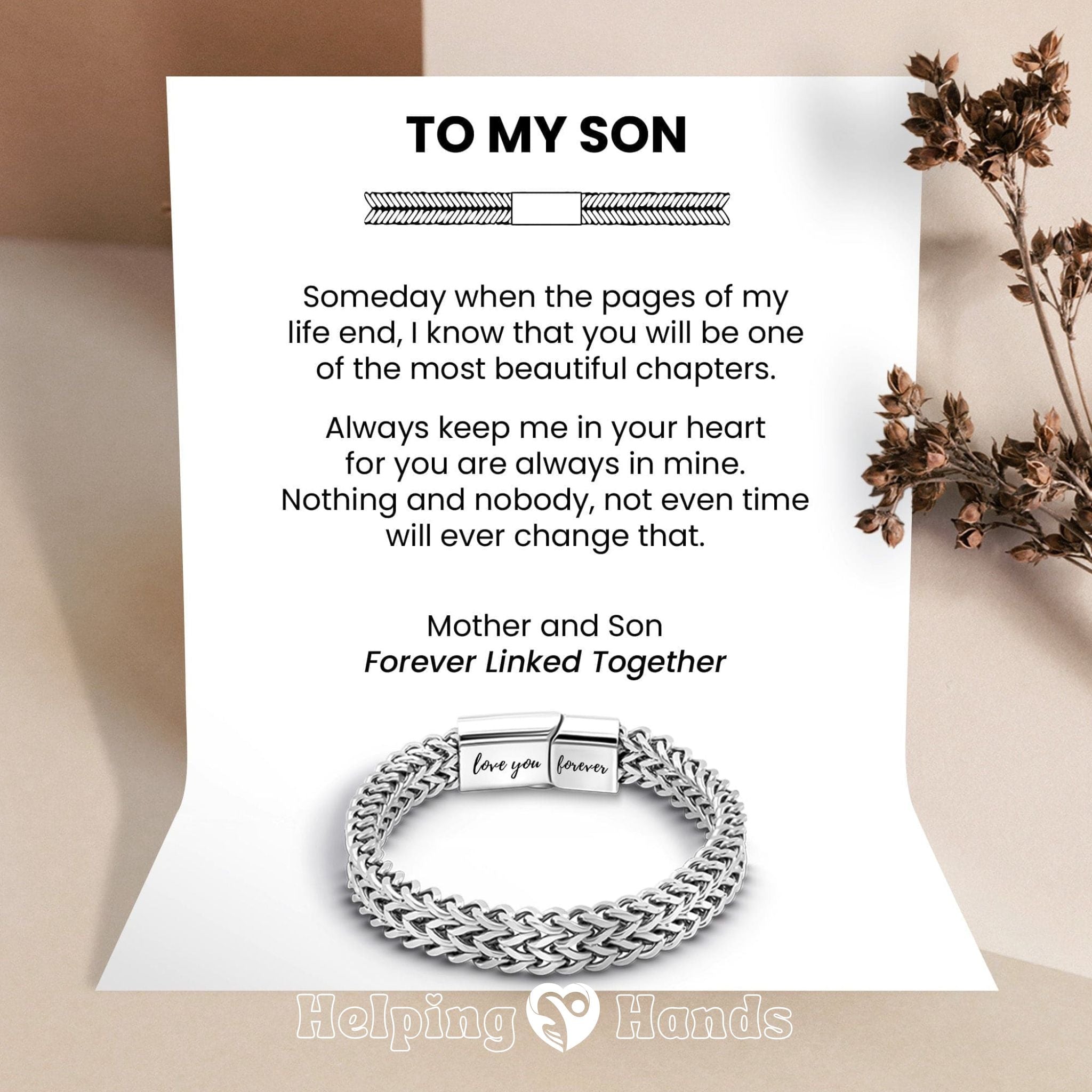 Silver stainless steel woven bracelet for son with magnetic clasp engraved ‘Love you forever,’ presented on a heartfelt message card from mother to son

