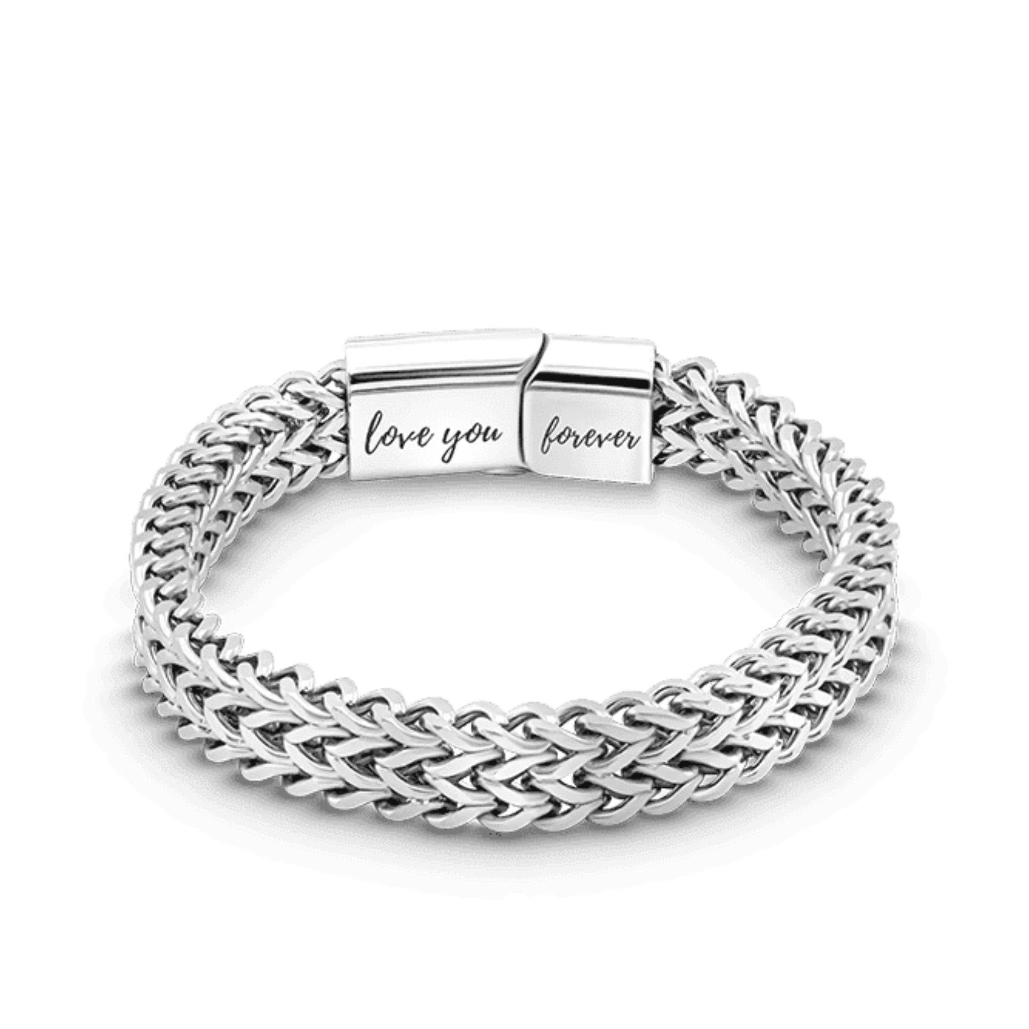Meaningful mother-to-son gift – durable silver chain bracelet with engraved clasp and sentimental message card, symbolizing eternal love.

