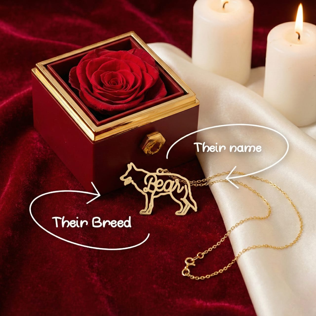 Dog Breed & Name Necklace (With Preserved Rose Box)